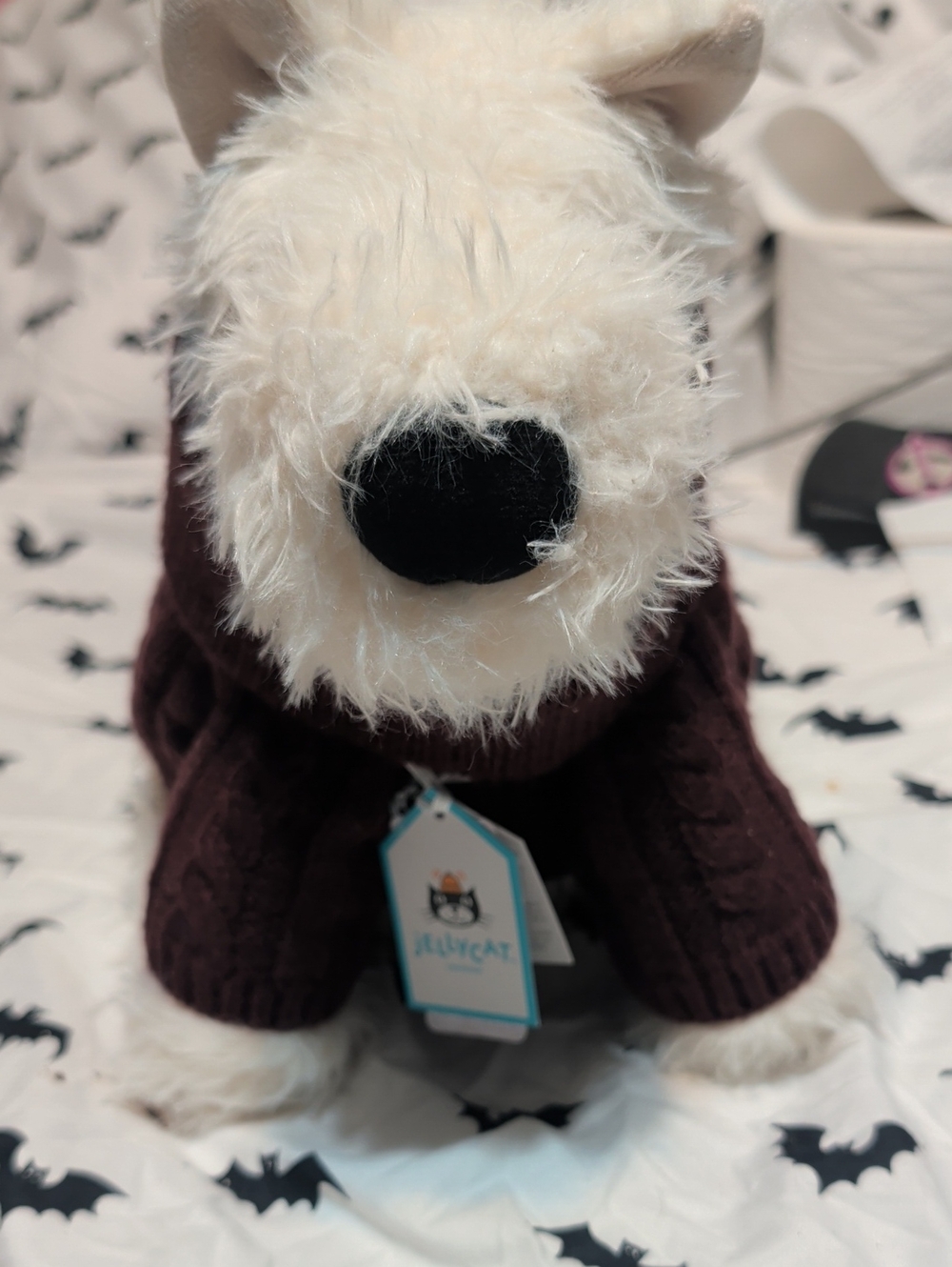 Jellycat Cream Plush Dog with Brown Cable-Knit Sweater